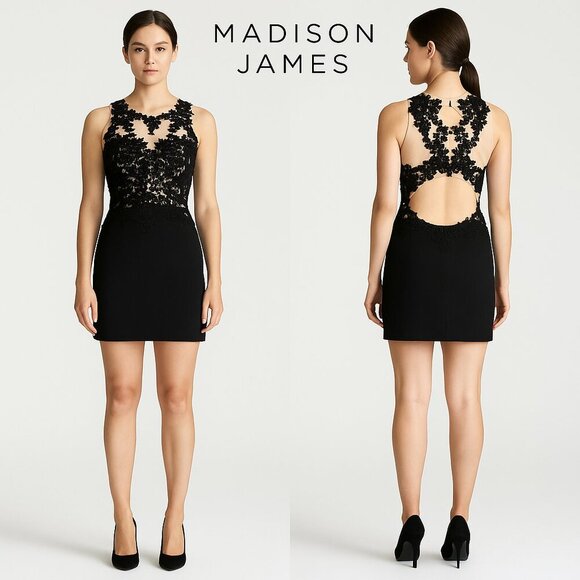 madison james Dresses & Skirts - Madison James Black Lace Illusion Mini Dress Sz 8